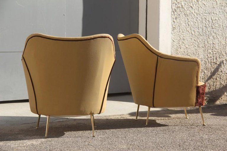 Isa Bergamo Pair Of Armchairs Italian Design Mid Century Modern Brown Brass Feet photo for sale
