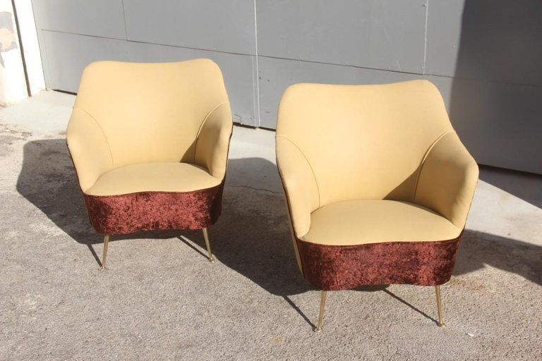Isa Bergamo Pair Of Armchairs Italian Design Mid Century Modern Brown Brass Feet photo buy