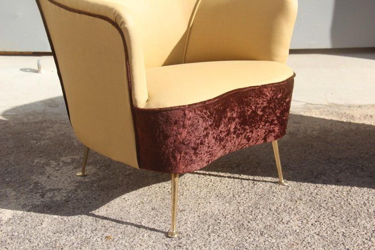photo furniture Isa Bergamo Pair Of Armchairs Italian Design Mid Century Modern Brown Brass Feet