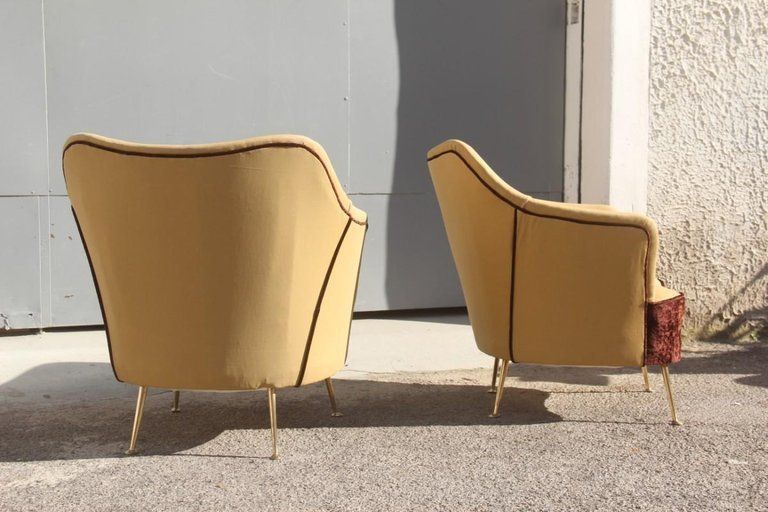 photo vinterior Isa Bergamo Pair Of Armchairs Italian Design Mid Century Modern Brown Brass Feet