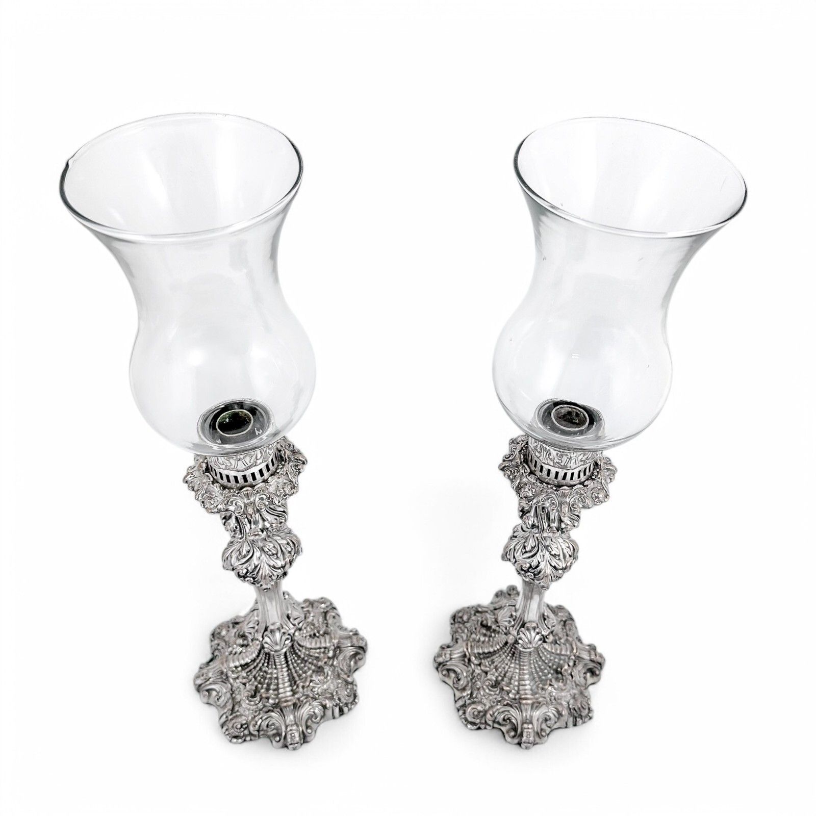 Antique 1790's Old Sheffield Plate Tall Candlesticks With Hurricane Glass Shades photo for sale