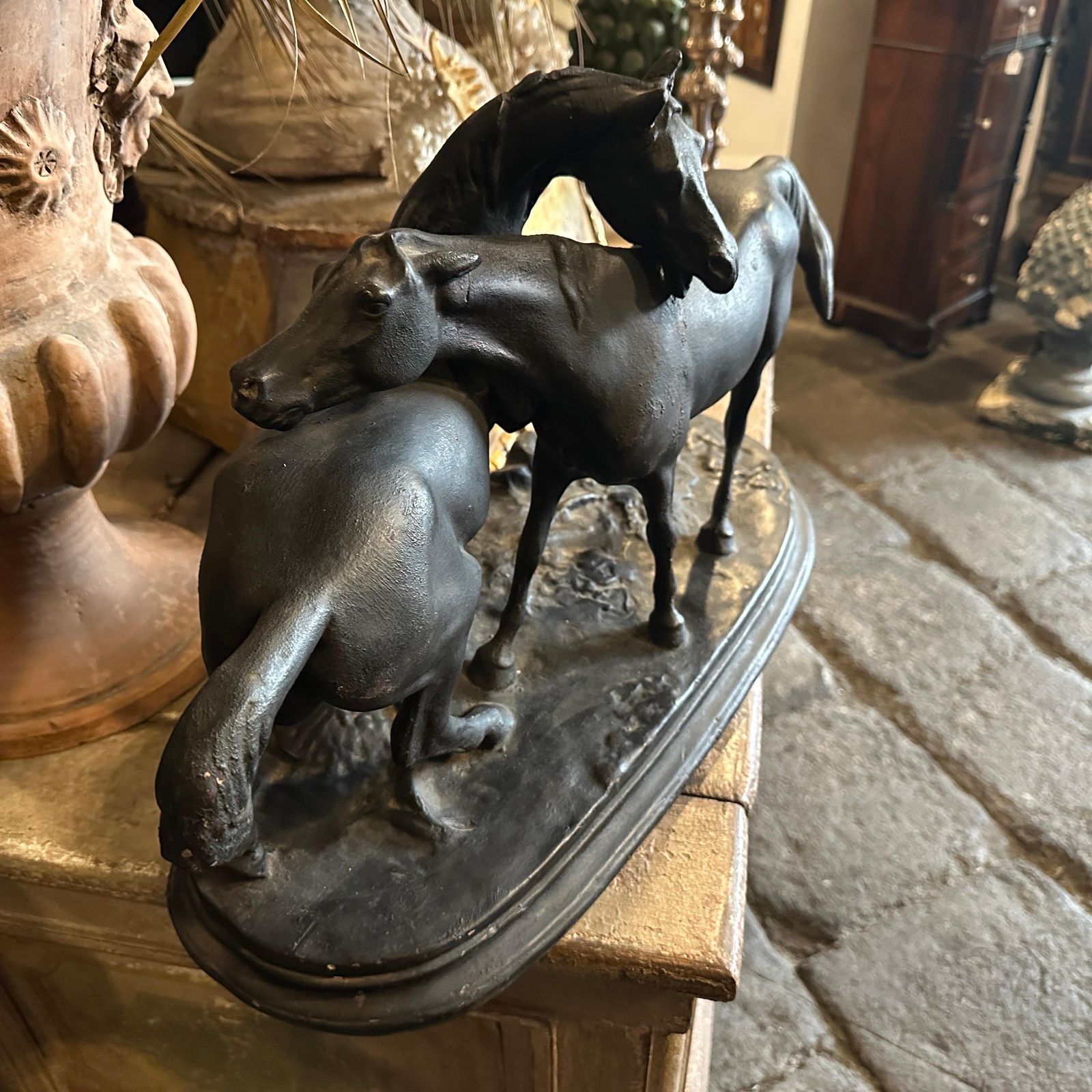 1920s Hand Crafted Black Painted Terracotta Italian Figure Of Two Horses photo 939.0