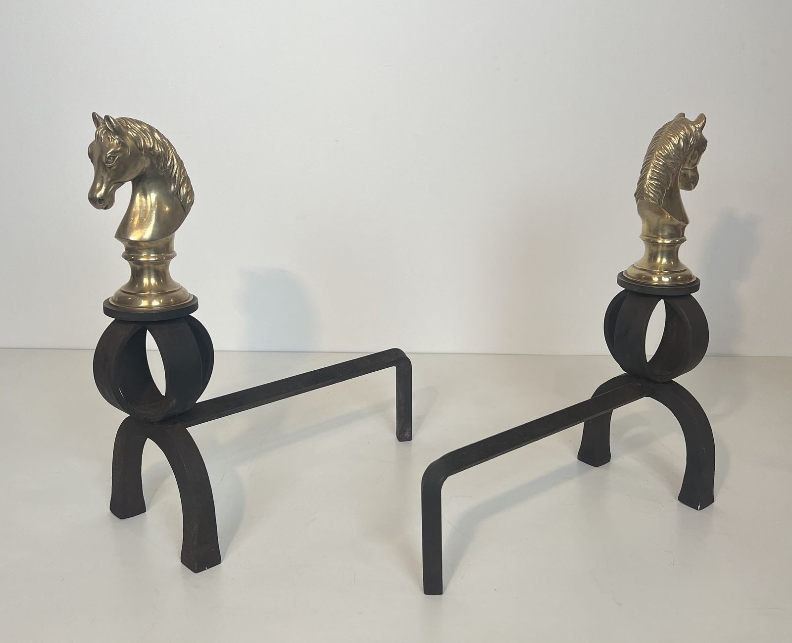 Important Pair Of Bronze And Wrought Iron Andirons Representing Horses' Heads photo 5850.0