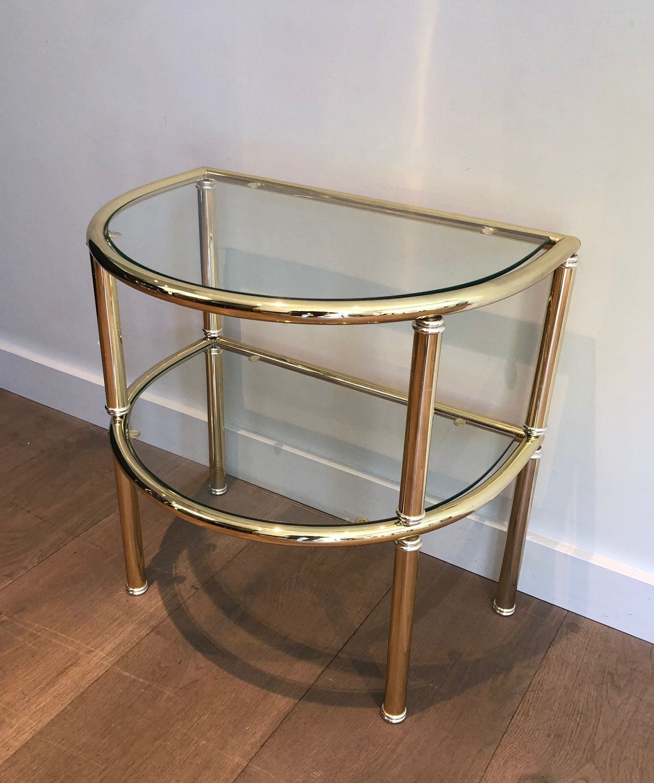 Pair Of Rounded Brass And Silver Metal Sofa End Tables photo vinterior