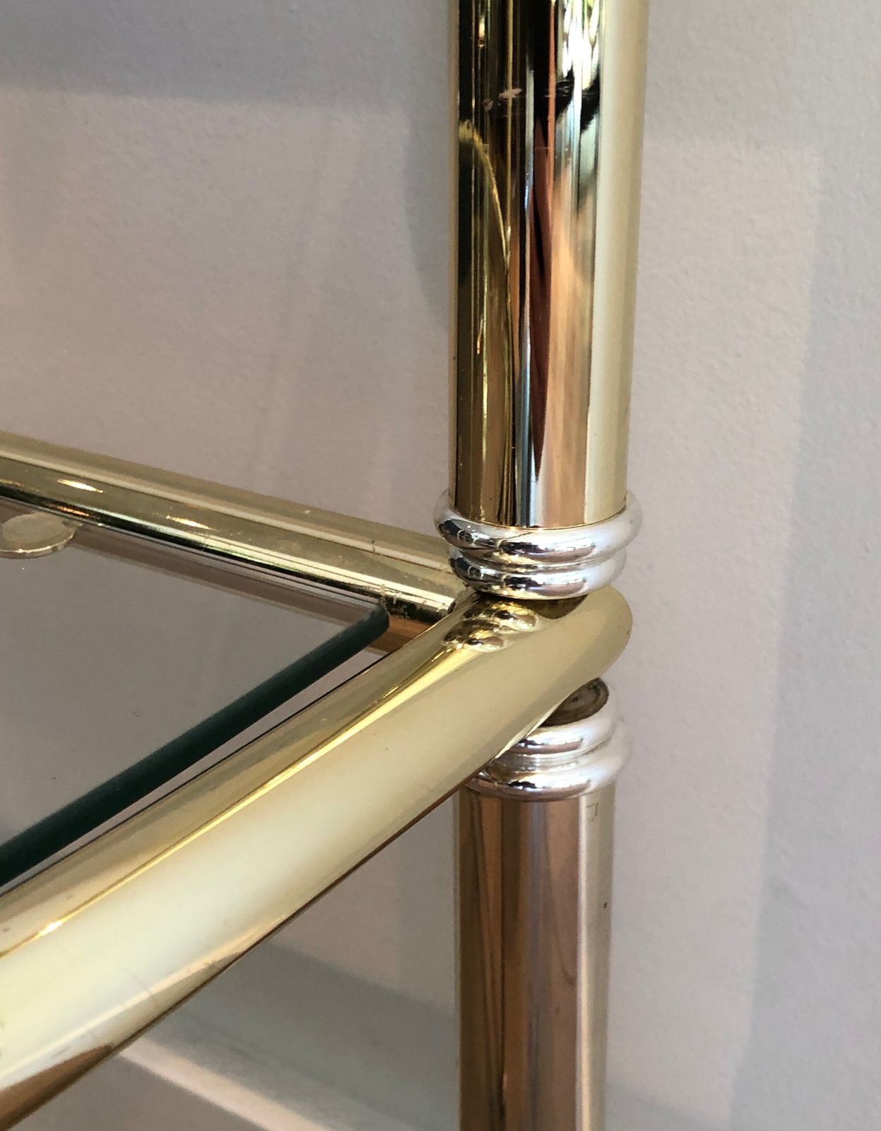 photo for sale Pair Of Rounded Brass And Silver Metal Sofa End Tables