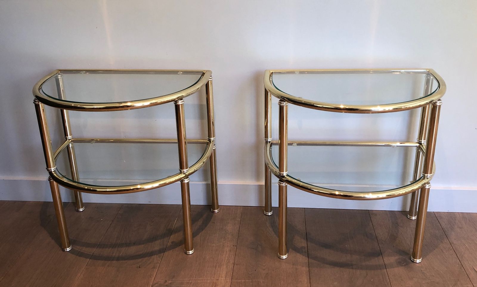 1650.0 Pair Of Rounded Brass And Silver Metal Sofa End Tables photo