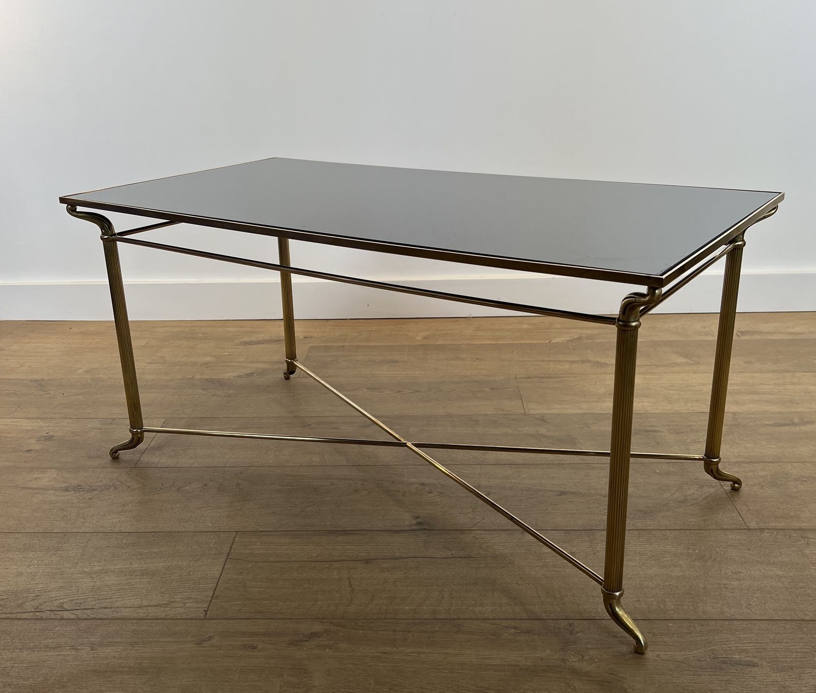 1350.0 Coffee Table In Brass And Black Lacquered Glass In The Style Of Maison Jansen photo
