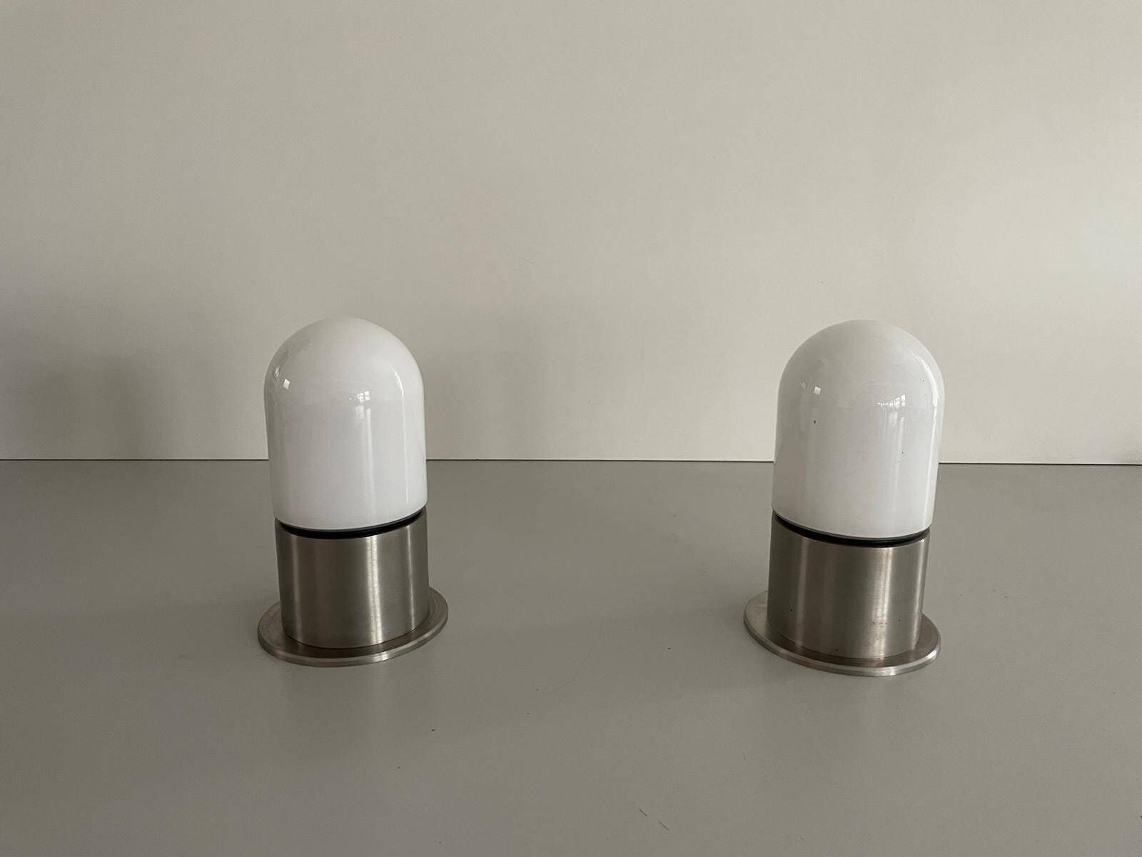 Minimal Rare Opal Glass & Grey Metal Set Of 2 Flush Mounts By Bega, 1970s Germany