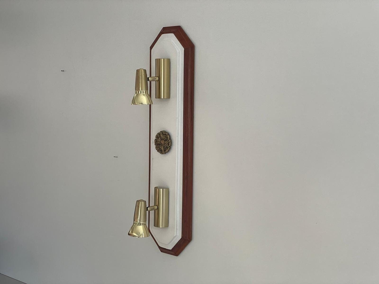 Wood Base Vertical Wall Lamp With 2 Gold Metal Lights, 1960s, Italy