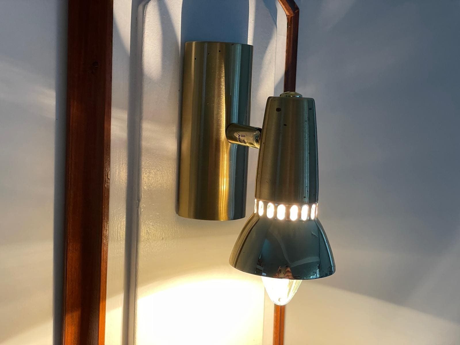 photo furniture Wood Base Vertical Wall Lamp With 2 Gold Metal Lights, 1960s, Italy