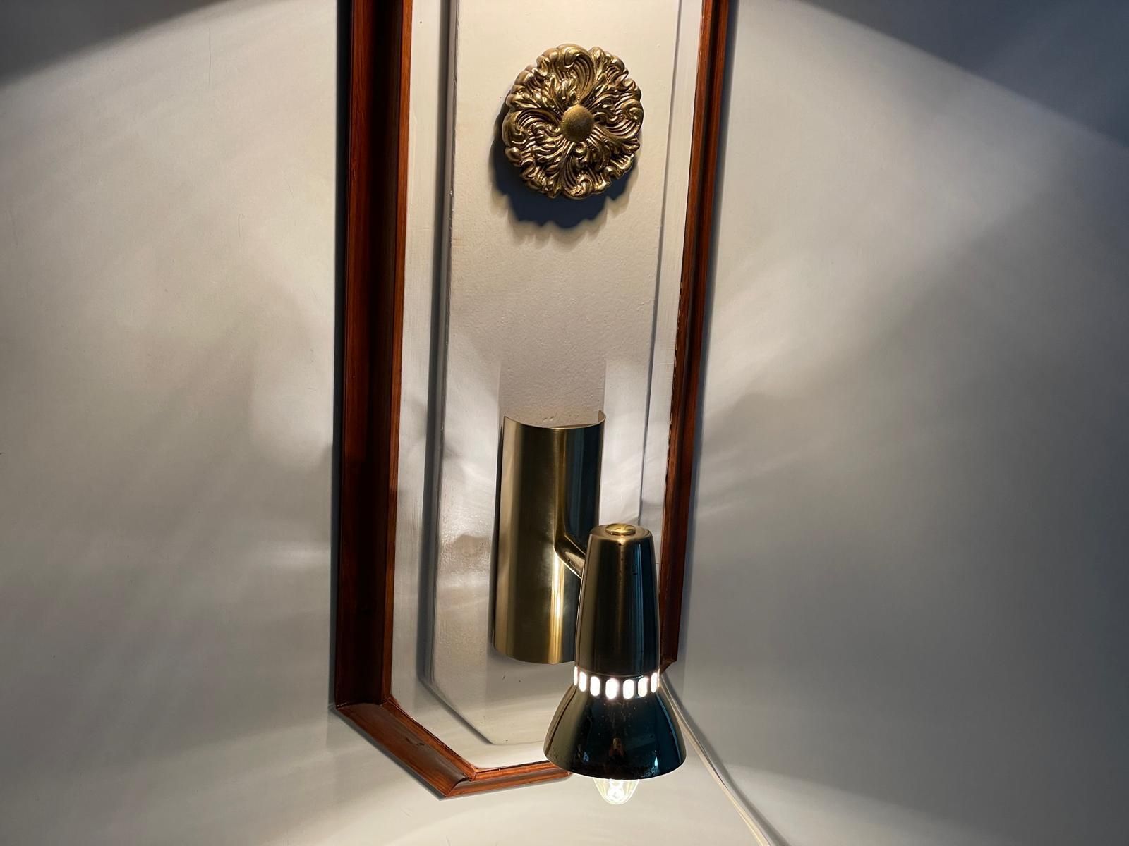 photo for sale Wood Base Vertical Wall Lamp With 2 Gold Metal Lights, 1960s, Italy