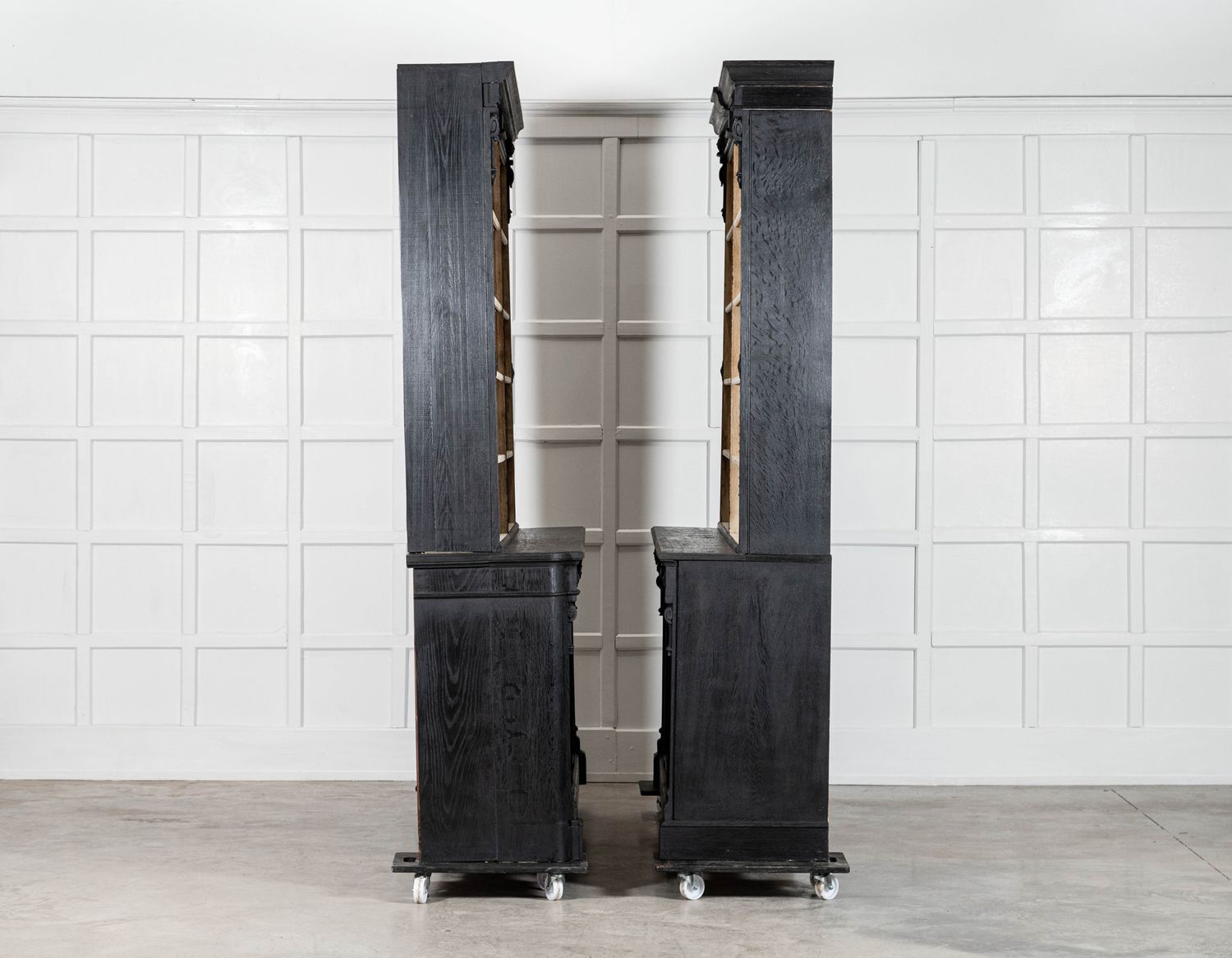 Pair Large 19thc English Ebonised & Bleached Carved Oak Bookcases photo Furniture