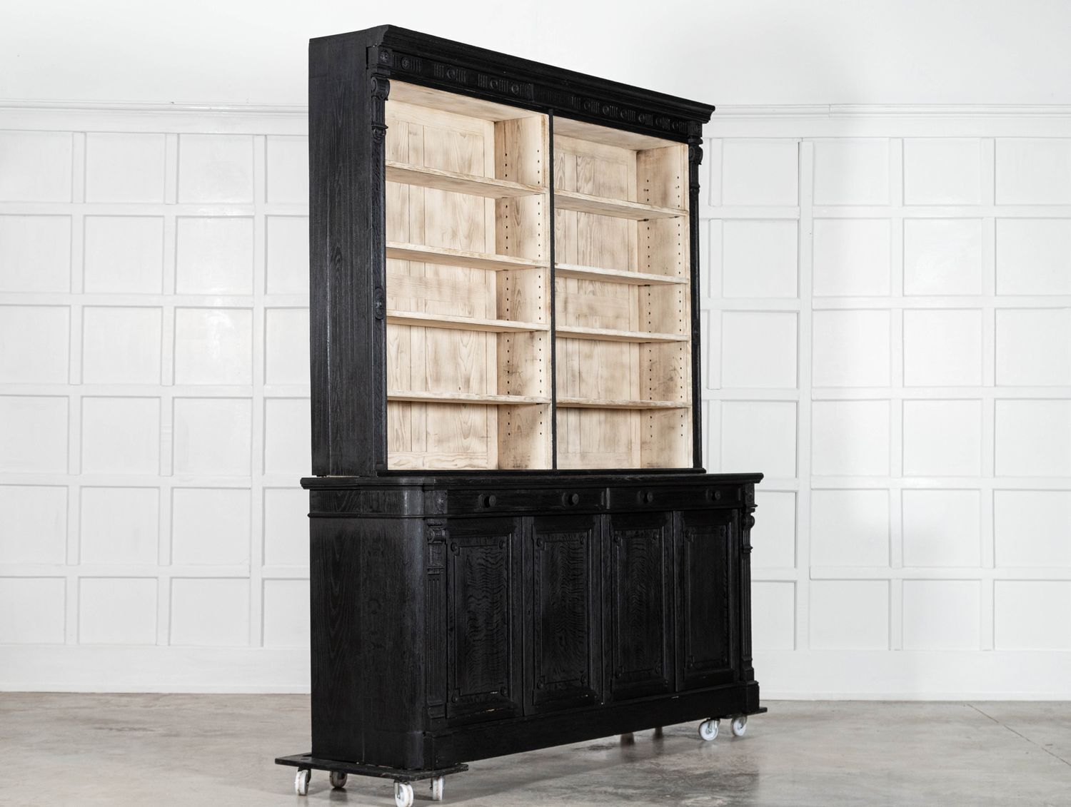 Pair Large 19thc English Ebonised & Bleached Carved Oak Bookcases photo 6613.0