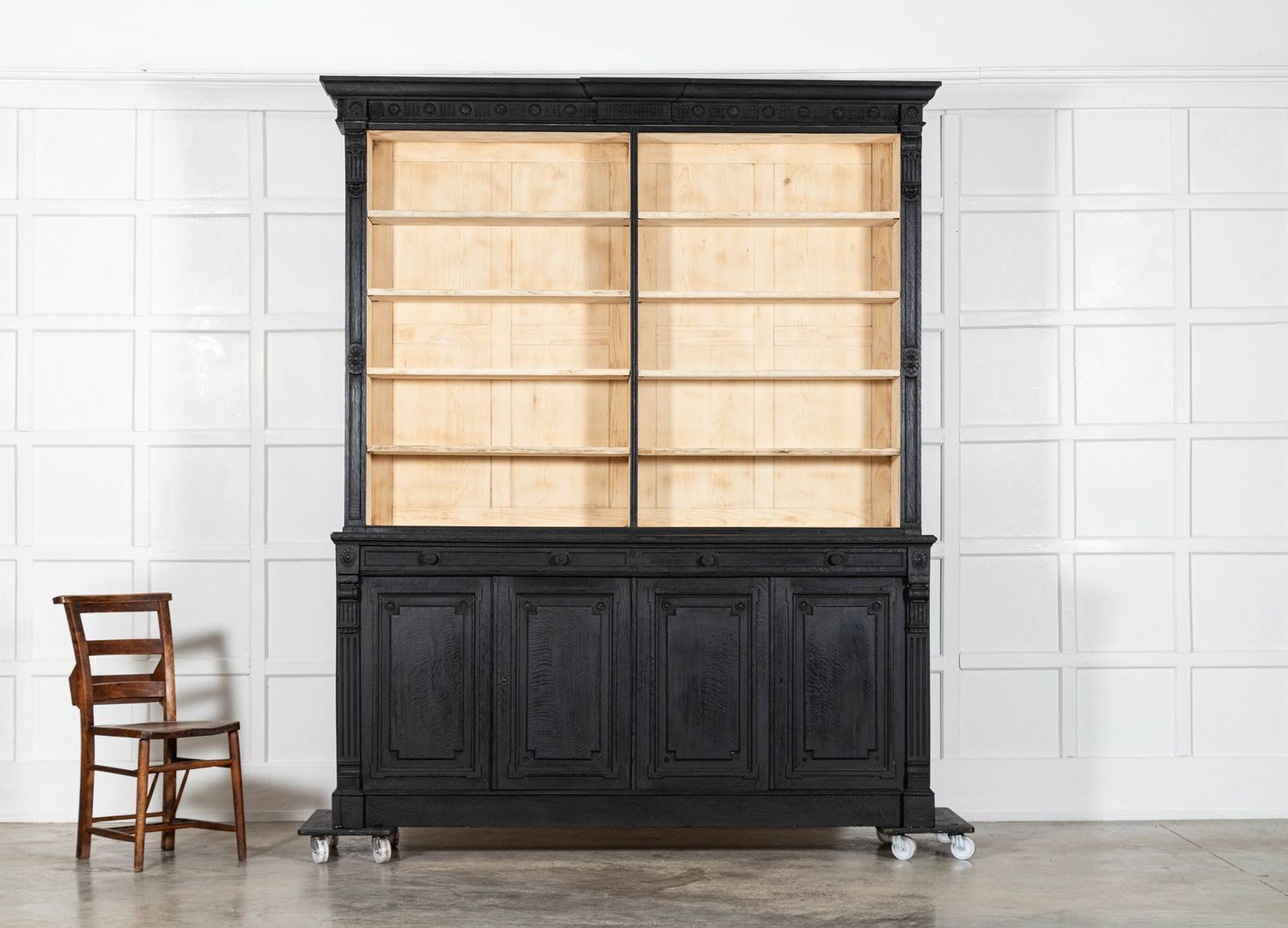 photo buy Pair Large 19thc English Ebonised & Bleached Carved Oak Bookcases