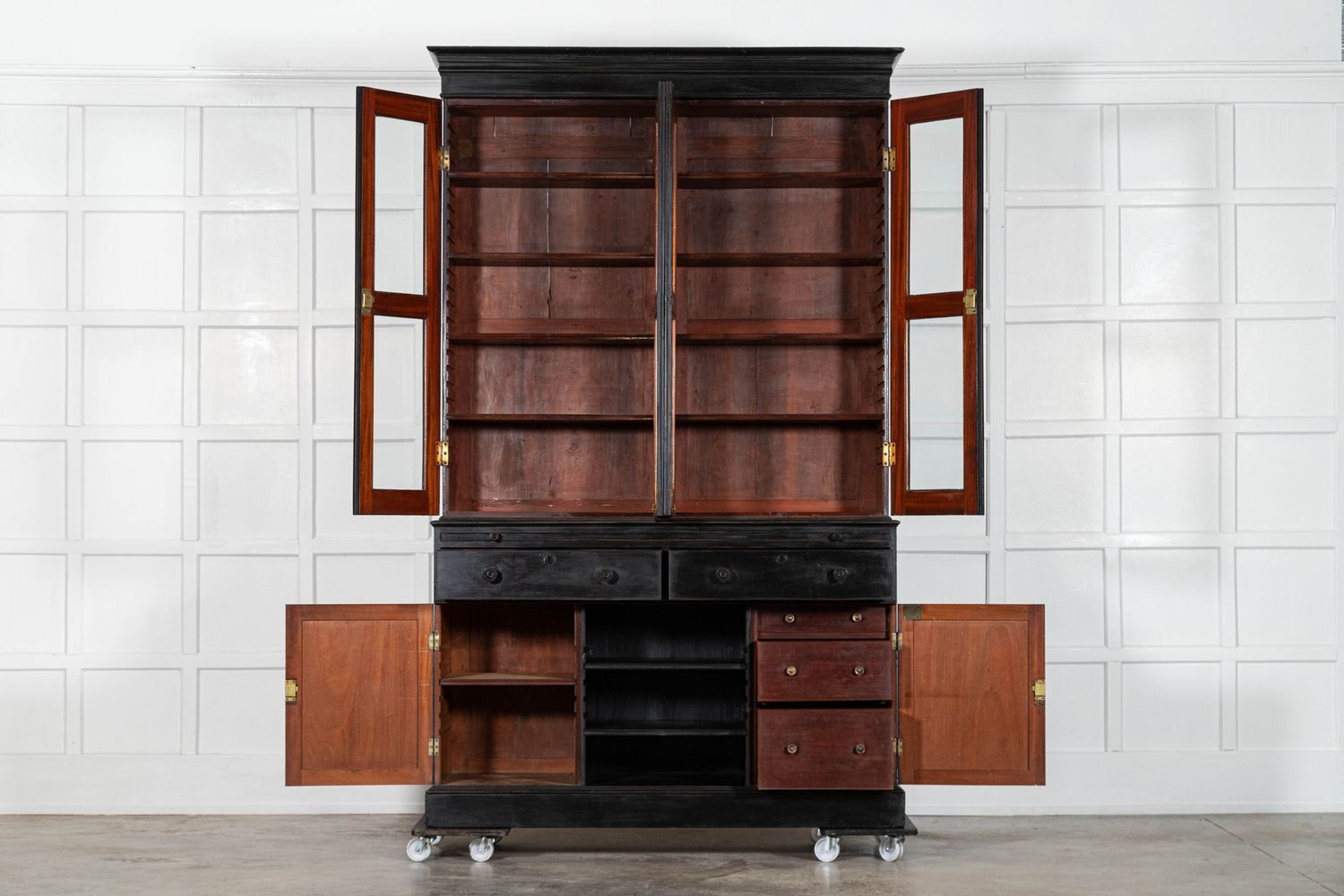 Large English 19thc Ebonised Mahogany Glazed Bookcase Secretaire photo furniture