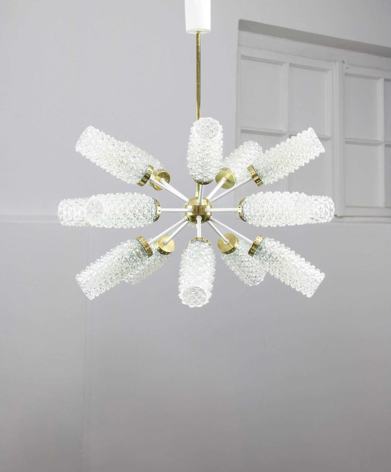 Vintage Sputnik Brass And Glass Chandelier 1970s / Mid Century Pendant Lamp With 15 Structured Glass Fixtures / Star Space Age Rare Lighting photo furniture