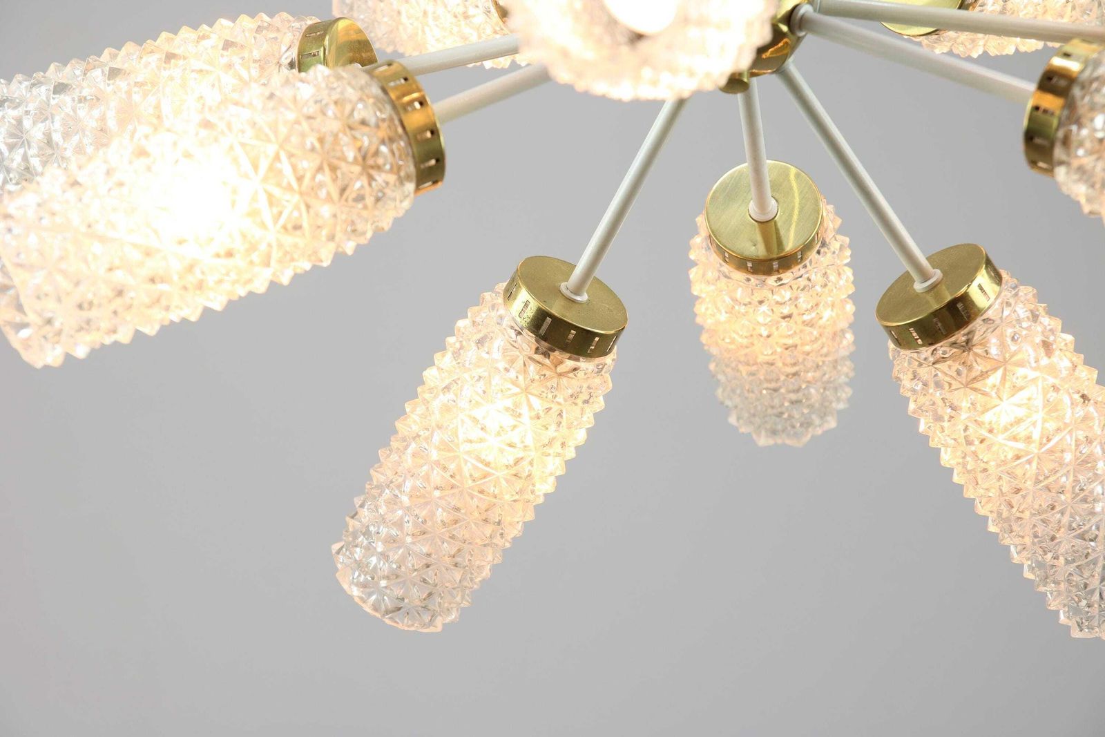 Vintage Sputnik Brass And Glass Chandelier 1970s / Mid Century Pendant Lamp With 15 Structured Glass Fixtures / Star Space Age Rare Lighting photo 1994.0