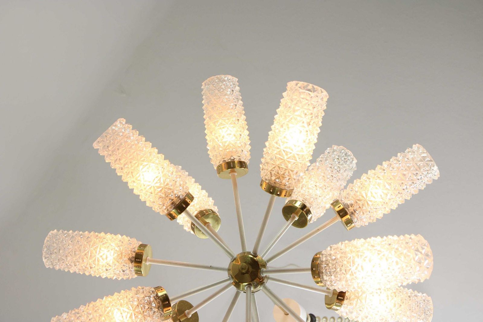 photo furniture Vintage Sputnik Brass And Glass Chandelier 1970s / Mid Century Pendant Lamp With 15 Structured Glass Fixtures / Star Space Age Rare Lighting