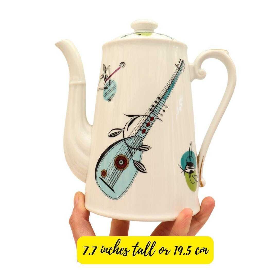 Mid Century Modern Coffee Pot By Royal Worcester Rare ''Fiesta'' Pattern, 1950's Musical Instruments Coffee Pot Made In England photo furniture