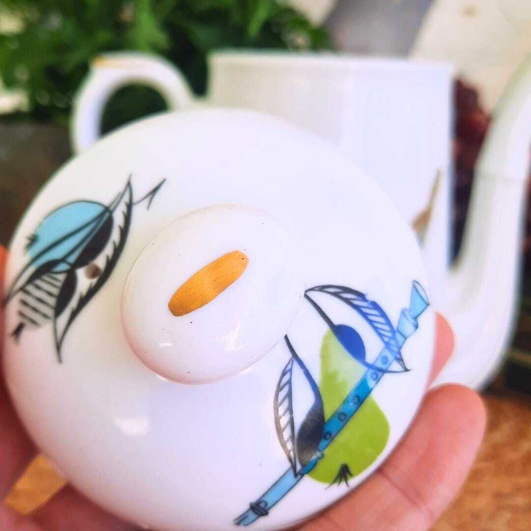 Mid Century Modern Coffee Pot By Royal Worcester Rare ''Fiesta'' Pattern, 1950's Musical Instruments Coffee Pot Made In England photo Home Decor