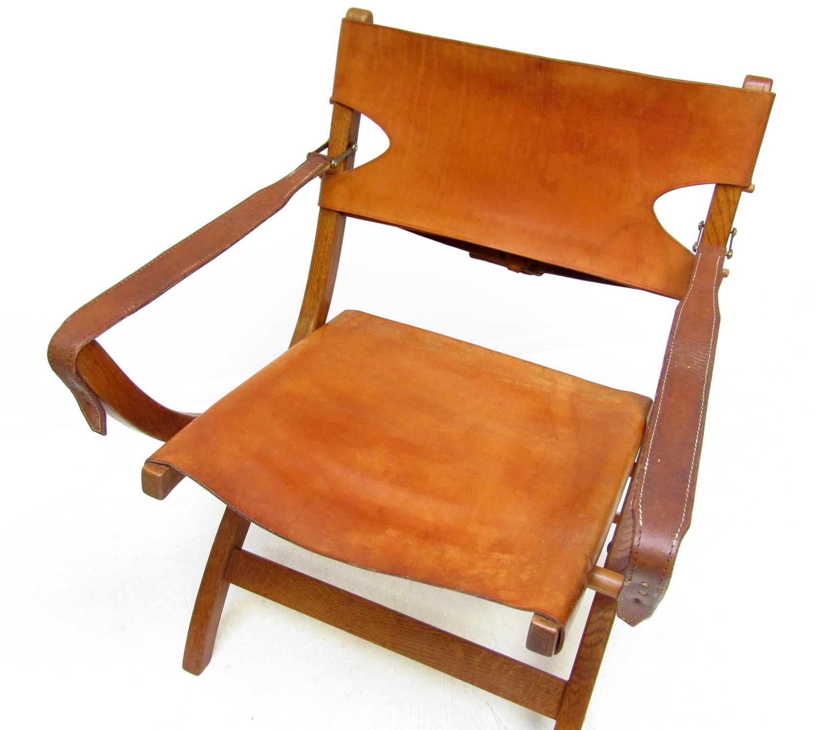 Two 1950s Danish Safari Chairs In Oak & Hide Leather By Poul Hundevad photo vinterior