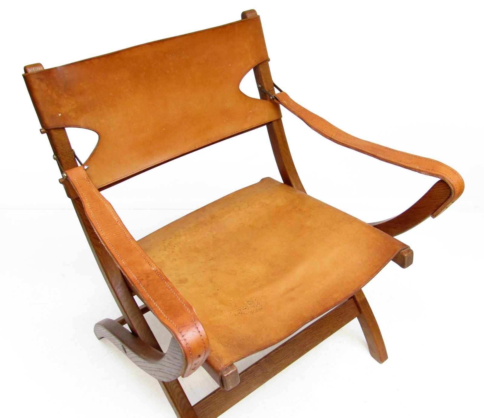 Two 1950s Danish Safari Chairs In Oak & Hide Leather By Poul Hundevad photo 4950.0