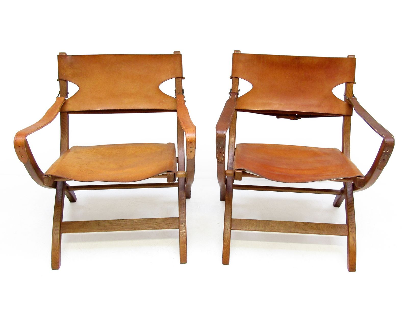 Two 1950s Danish Safari Chairs In Oak & Hide Leather By Poul Hundevad photo for sale