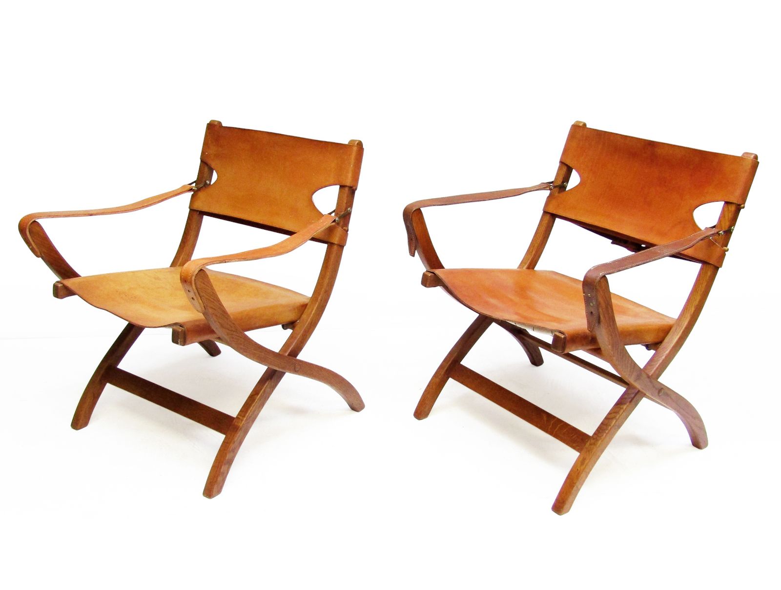 Two 1950s Danish Safari Chairs In Oak & Hide Leather By Poul Hundevad photo buy