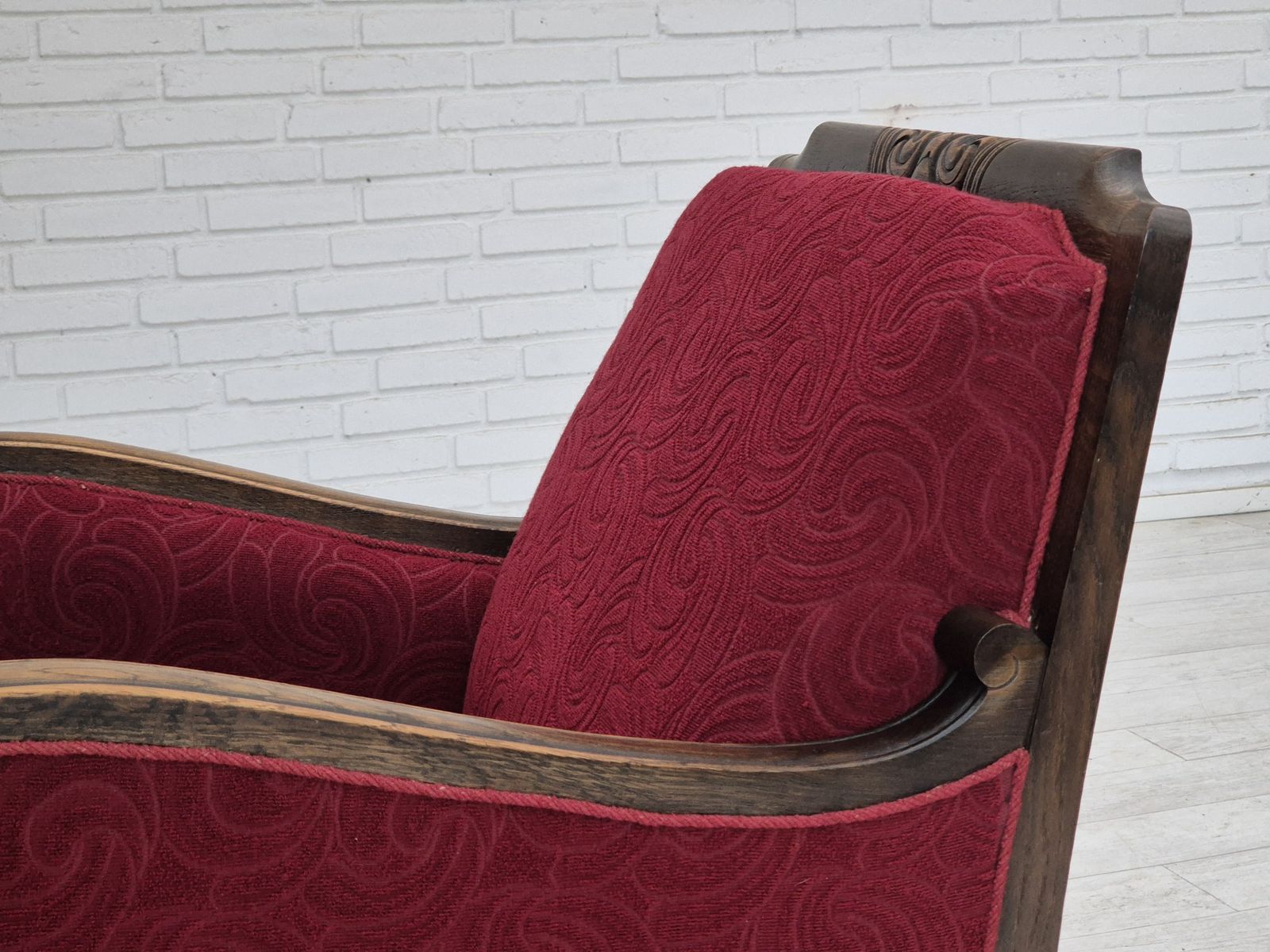 photo buy 1950s, Danish Vintage Armchair, Furniture Fabric, Oak Wood, Original Condition.
