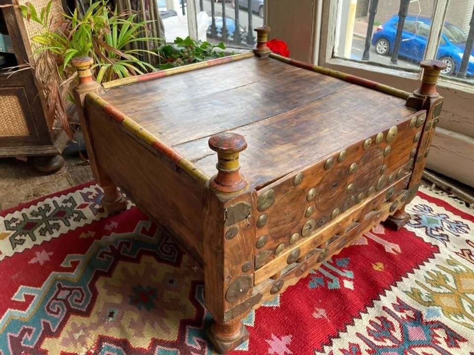 Antique Indian Bajot Puja Table, Hardwood, Original Brass And Paintwork