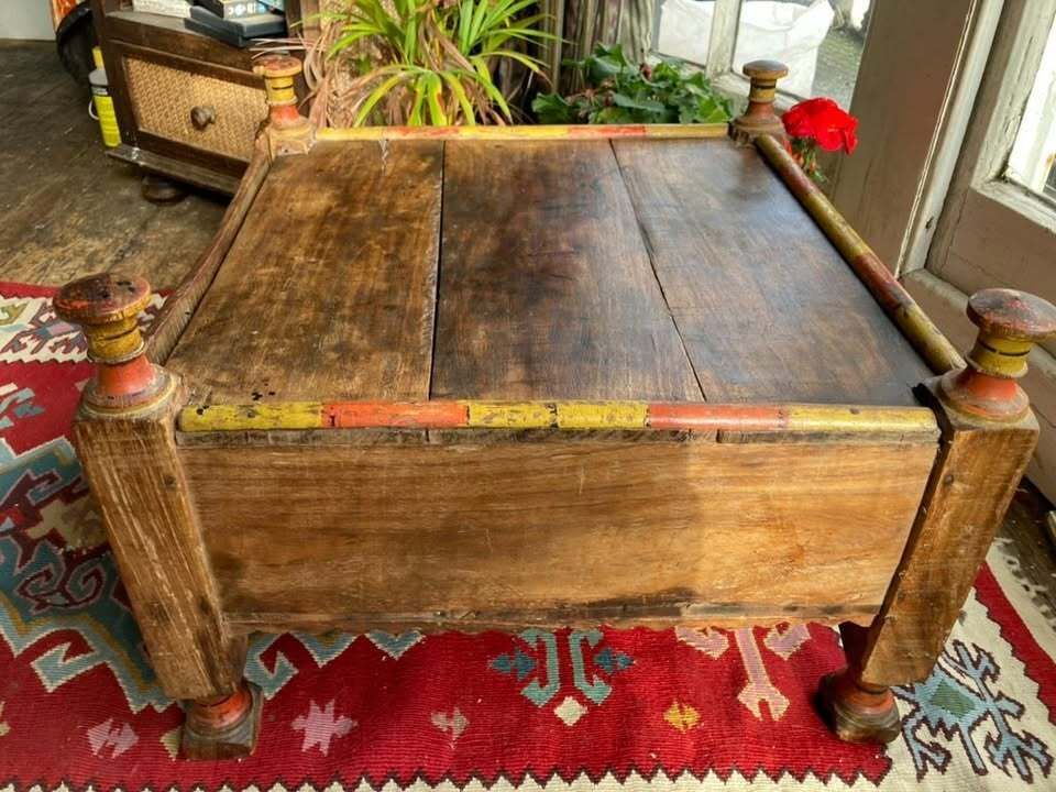 Antique Indian Bajot Puja Table, Hardwood, Original Brass And Paintwork photo Furniture
