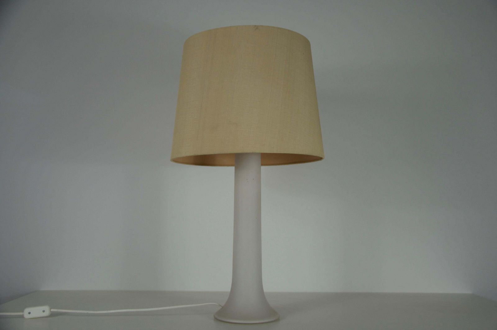 Mid Century White Glass And Fabric Shade Table Lamp By Luxus Sweden, 1960s photo vinterior