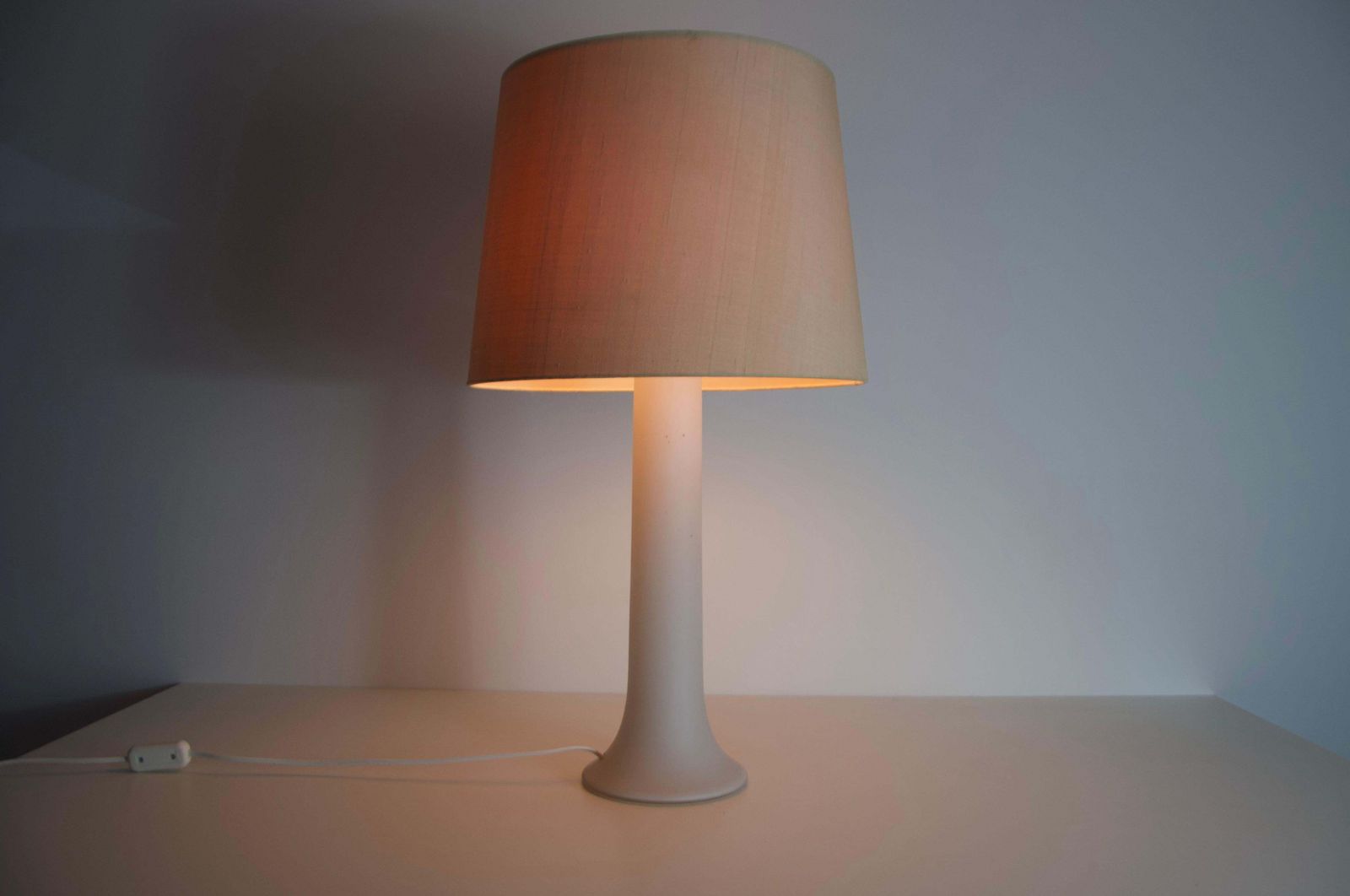 photo for sale Mid Century White Glass And Fabric Shade Table Lamp By Luxus Sweden, 1960s
