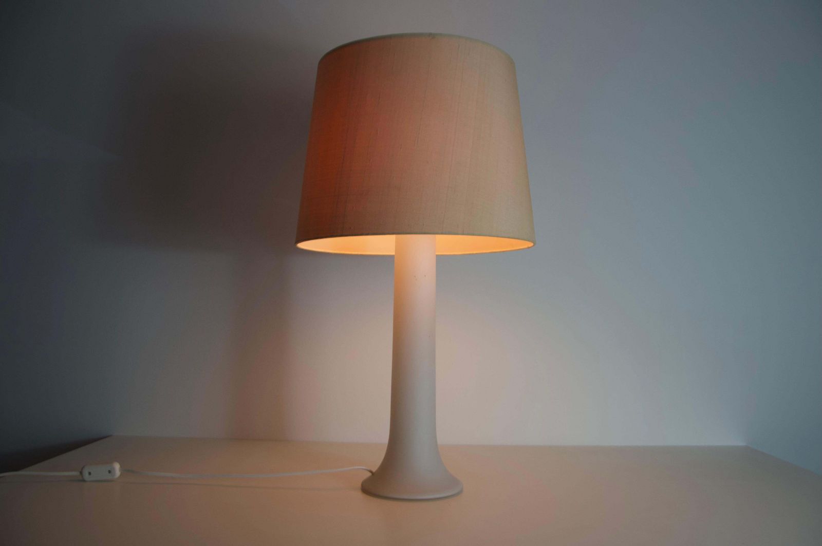 Lighting Mid Century White Glass And Fabric Shade Table Lamp By Luxus Sweden, 1960s photo