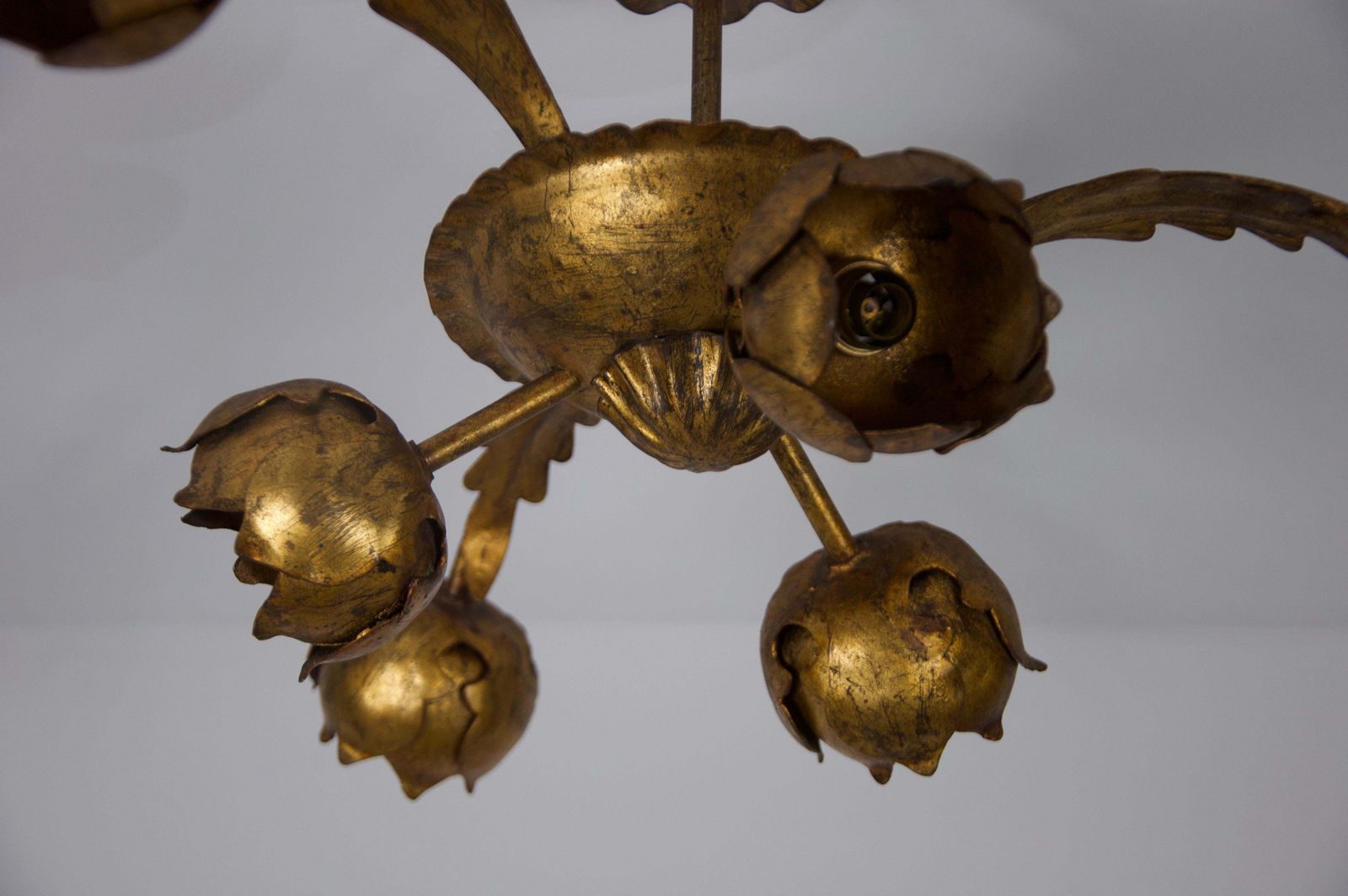 Large Golden Florentine Flower Shape Ceiling Lamp, Italy, 1970s photo vintage