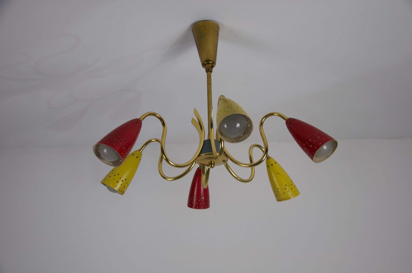 Colorful Mid Century Brass 6 Arm Sputnik Chandelier, 1950s photo vinterior