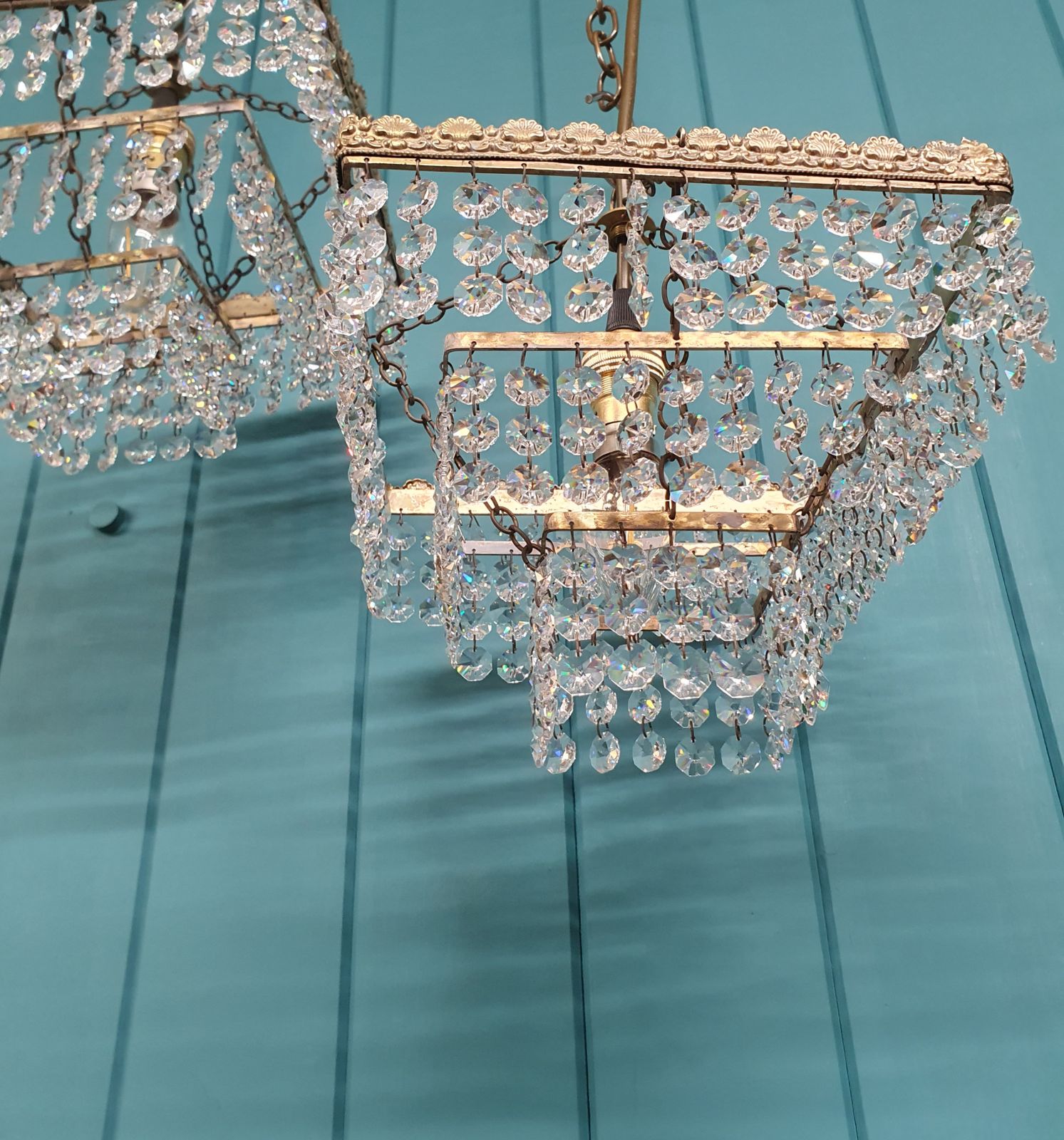 Early 20th Century Pair Of Square Chandeliers With Drips 8" photo 395.0