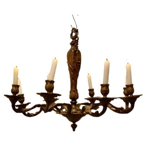 A French Gilded Brass 8 Branch Rococo Chandelier (Candelier)