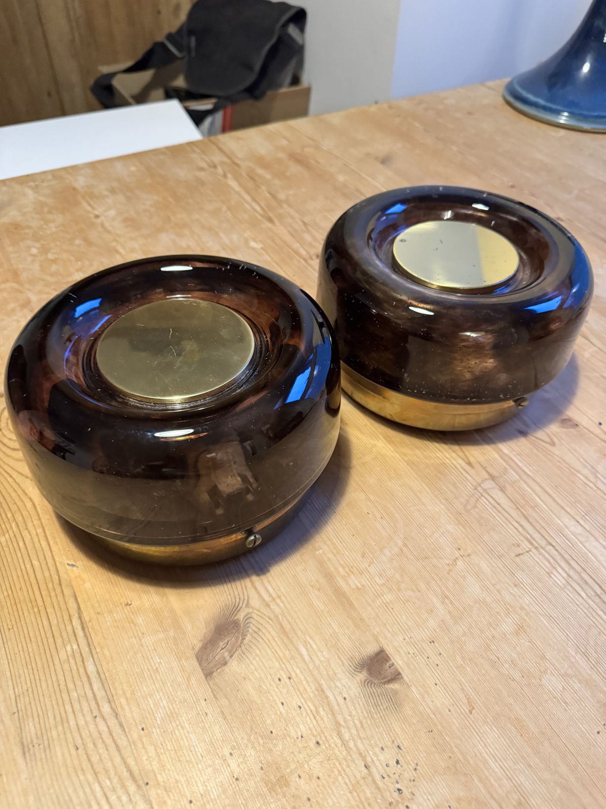 Vintage Smoked Glass And Brass Wall Lights X 2   Mid Century photo for sale