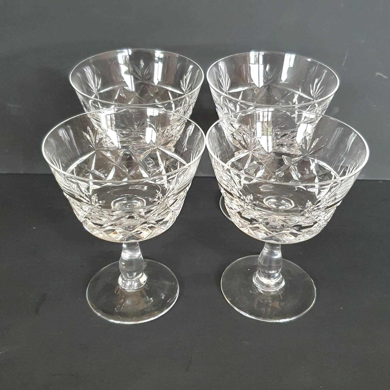 A Vintage Set Of 4 Brierley Crystal 120ml Champagne Saucers In Bruce Pattern, English Artisan Hand Made Glass, C.1988 photo furniture