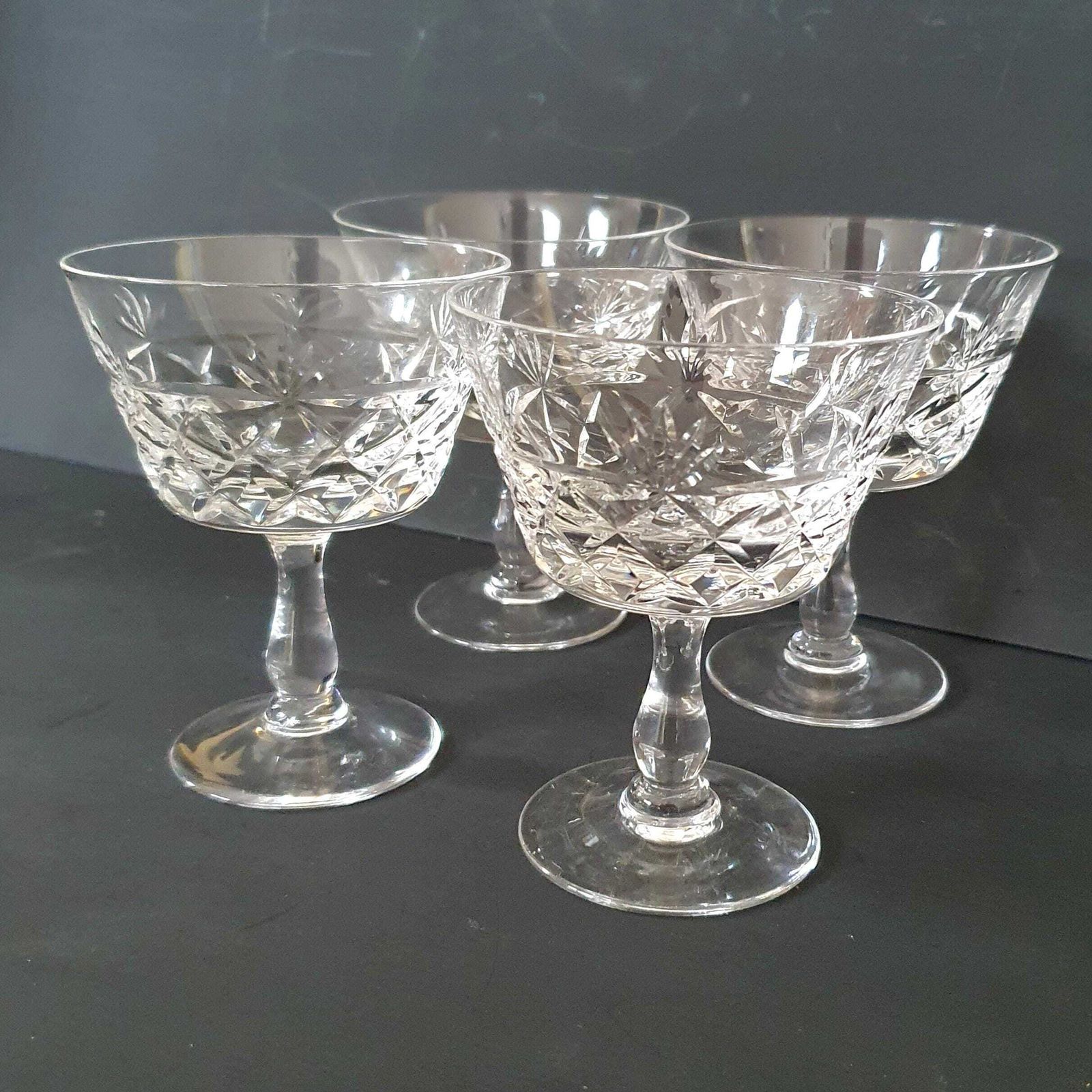 A Vintage Set Of 4 Brierley Crystal 120ml Champagne Saucers In Bruce Pattern, English Artisan Hand Made Glass, C.1988 photo 58.0