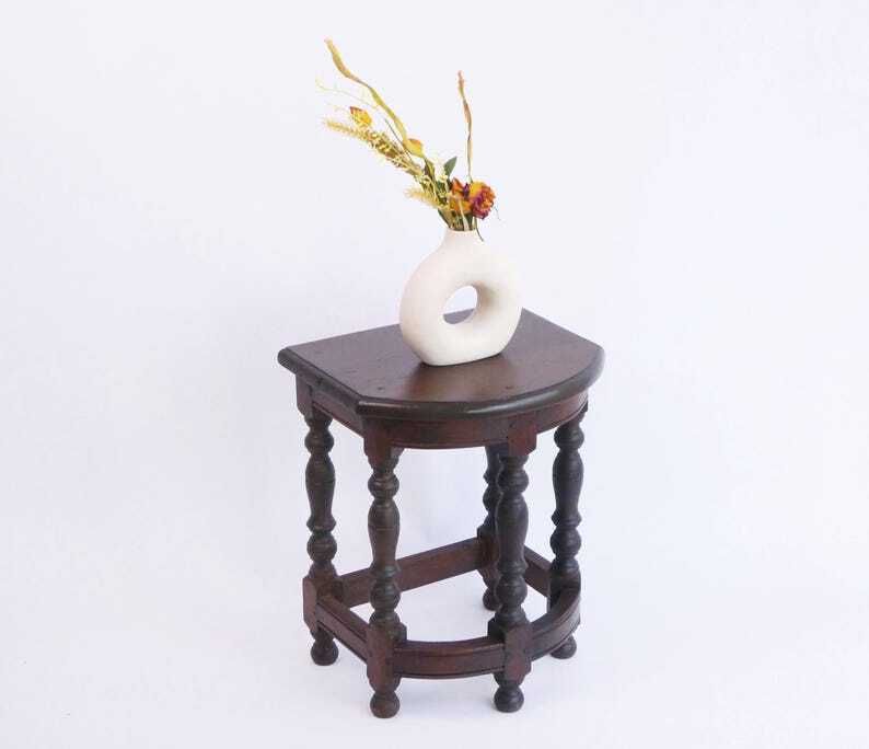 Antique Wooden Bobbin Half Moon Side Table, Carved Plant Stand Table, Farmhouse Decor