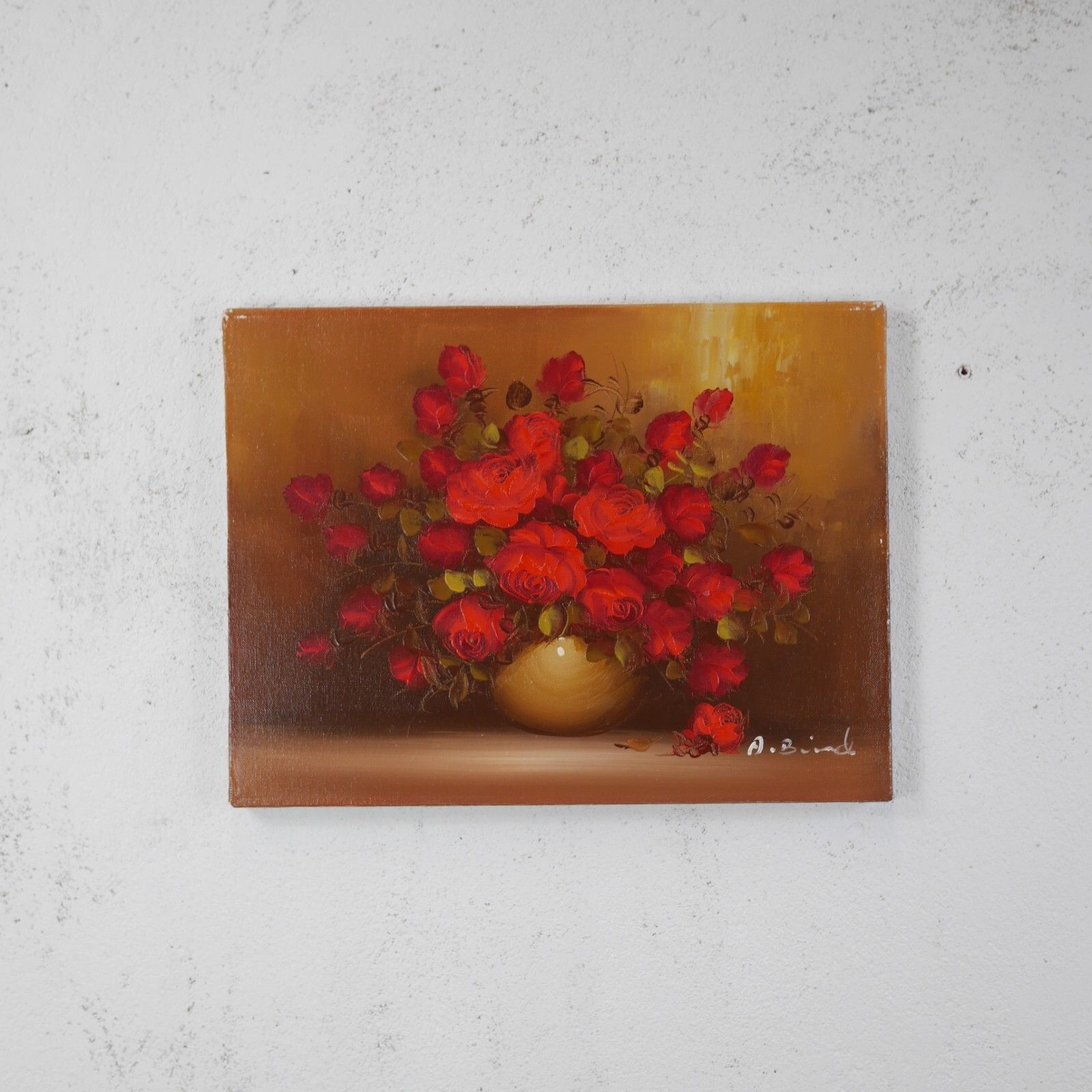 Vintage Original Oil Painting Red Flowers Roses Signed #102785 photo 135.0