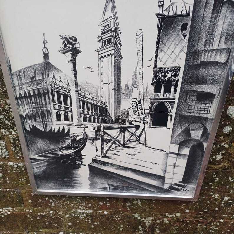 Retro Drawing Of Venice, Italy In Chrome Retro Frame   Ink And Charcoal, Signed, Drawing Of St Marks Campanile, With Gondola And Canal photo furniture