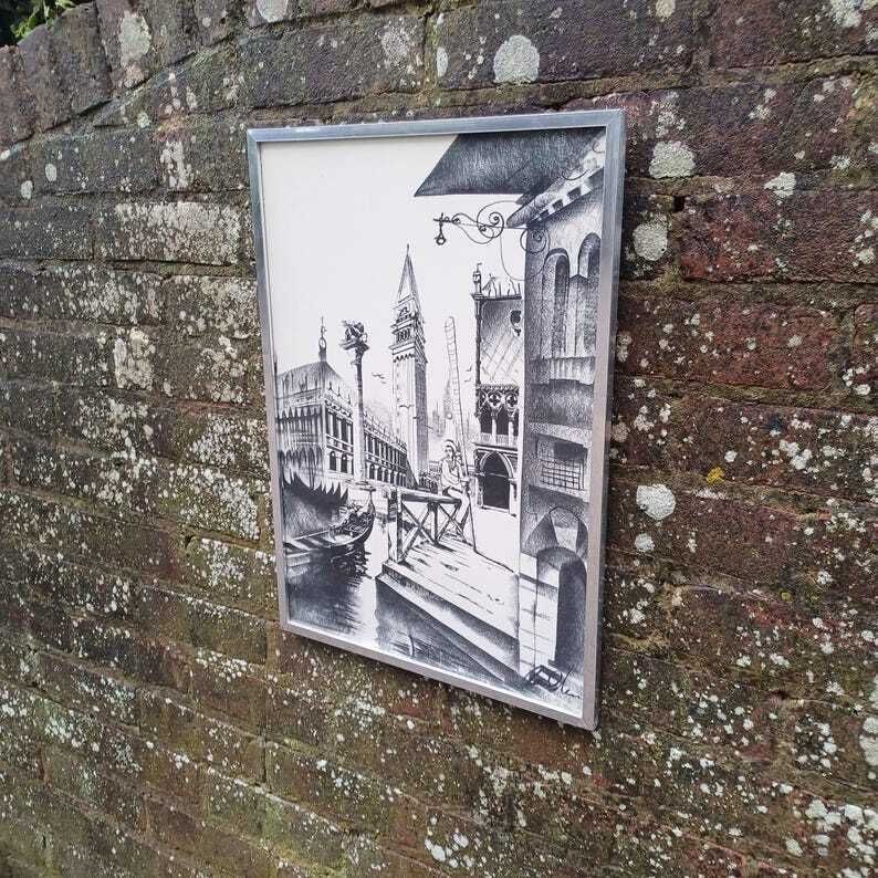 Retro Drawing Of Venice, Italy In Chrome Retro Frame   Ink And Charcoal, Signed, Drawing Of St Marks Campanile, With Gondola And Canal photo 78.0