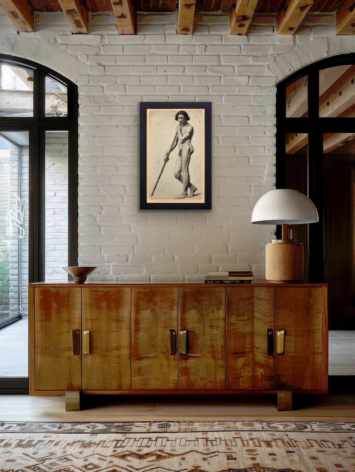 photo for sale Henry Arthur Roberts 1819 To 1900. Pre Second Republic French Period Academic Life Study Of A Male Nude Carrying A Staff. Framed 1840s Drawing.