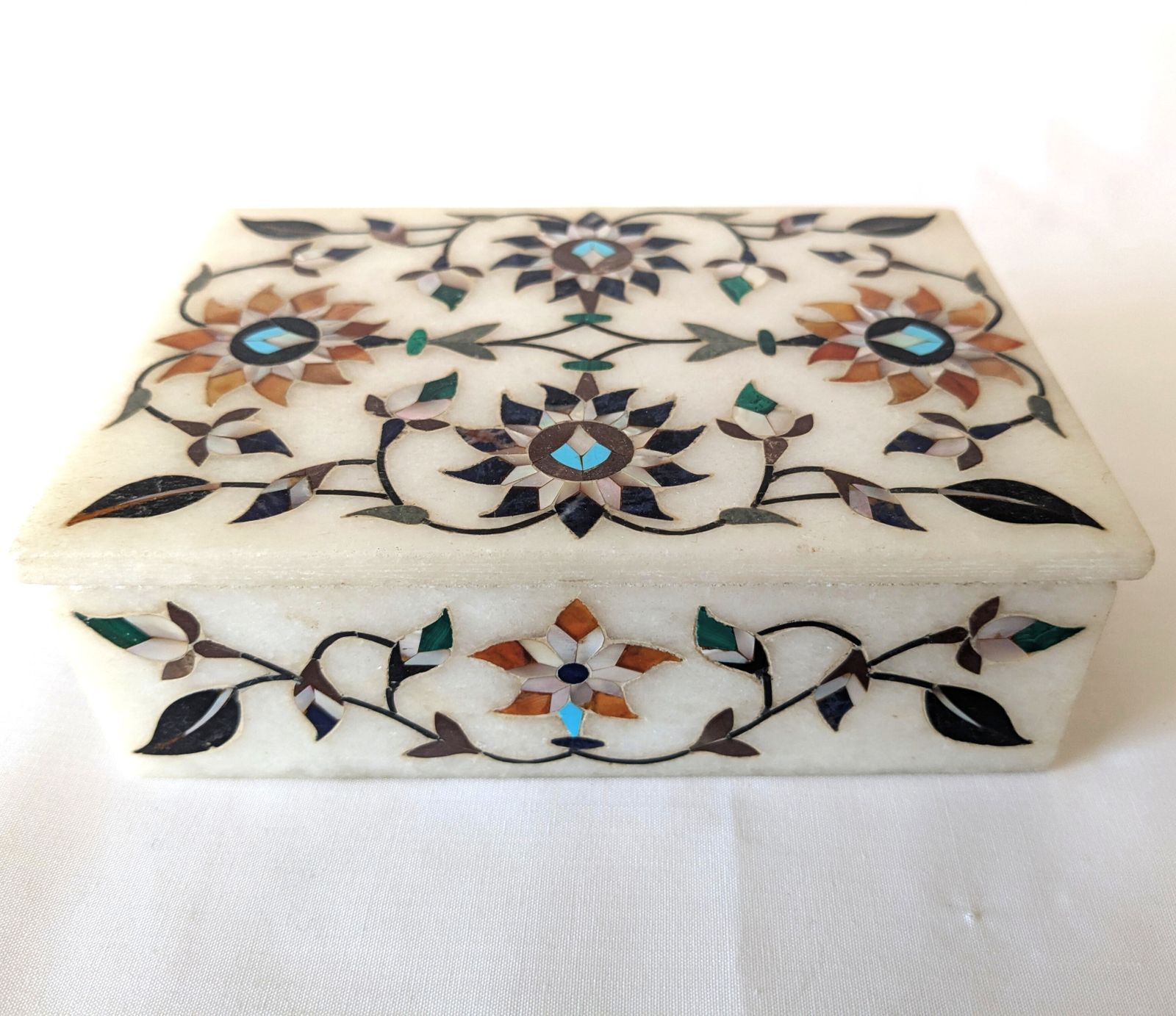 Vintage Indian Pietra Dura Marble Box With Mother Of Pearl Inlay photo furniture
