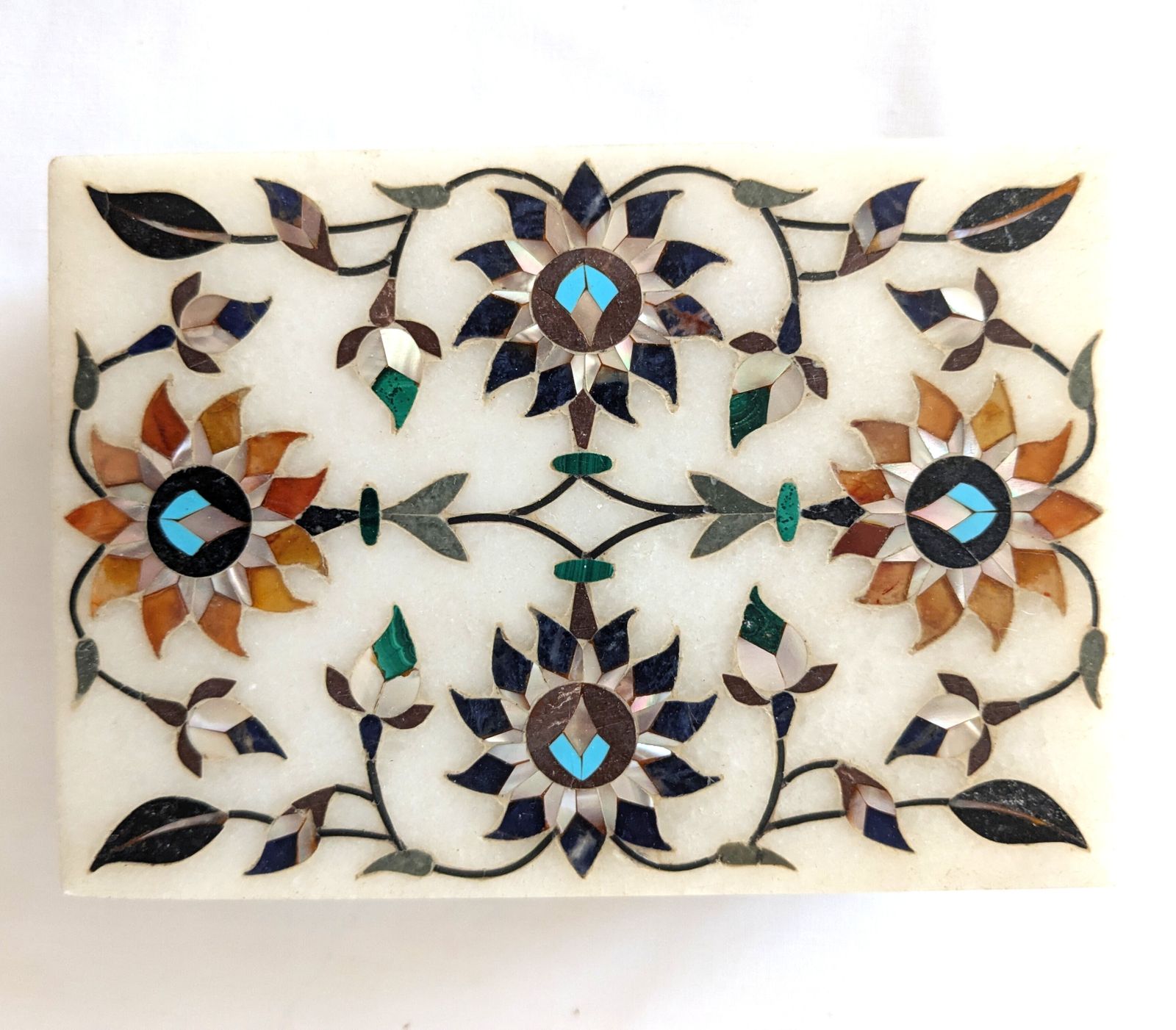 Vintage Indian Pietra Dura Marble Box With Mother Of Pearl Inlay photo vinterior