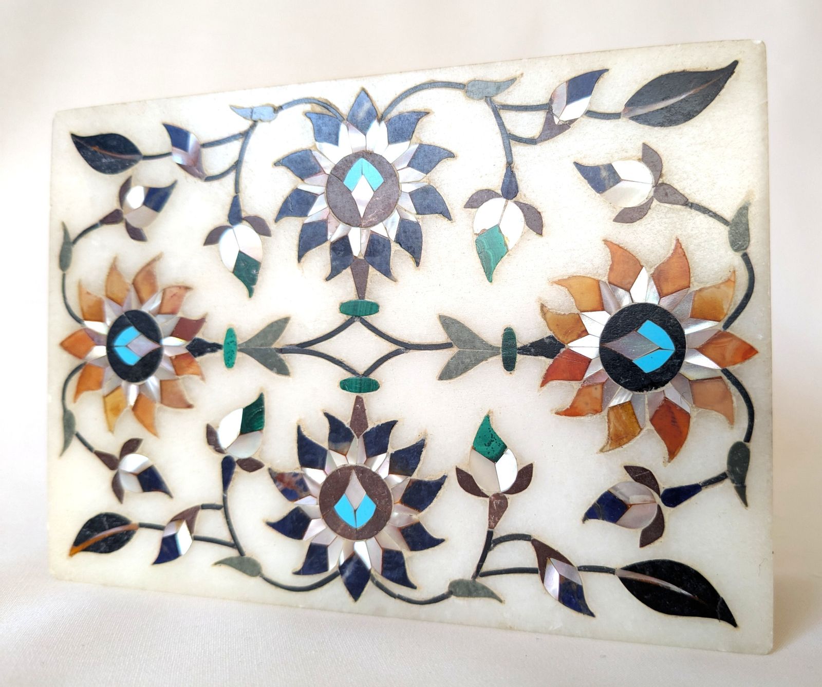 photo for sale Vintage Indian Pietra Dura Marble Box With Mother Of Pearl Inlay