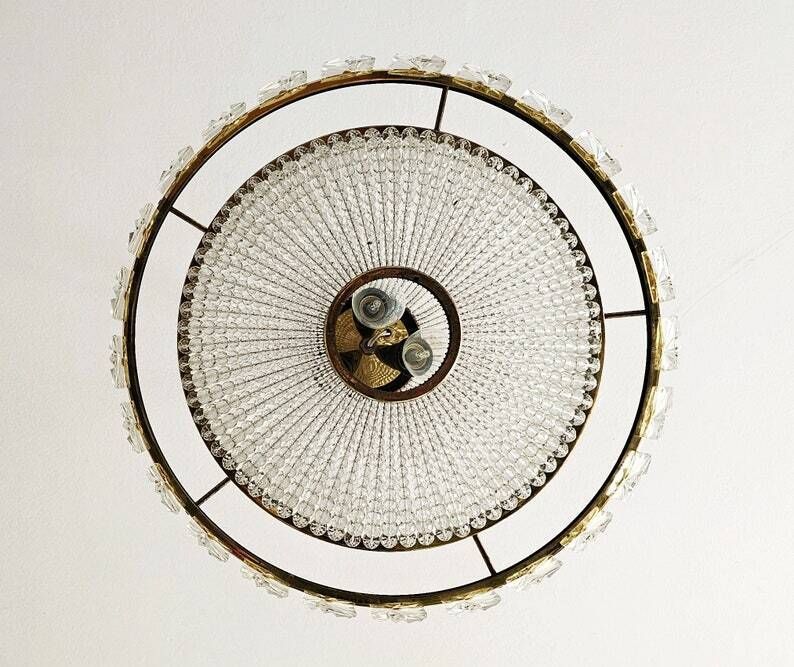 Extremely Rare Brass Ufo Chandelier With Faceted Glass Beads By J.L Lobmeyr // Swarovski Crystal Chandelier // Made In Austria In 1960s photo Lighting